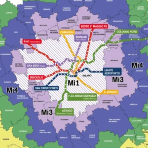 Zonas de transporte público de Milão Mi1–Mi3 Mapa das zonas de transporte ATM de Milão Mi1 e Mi3